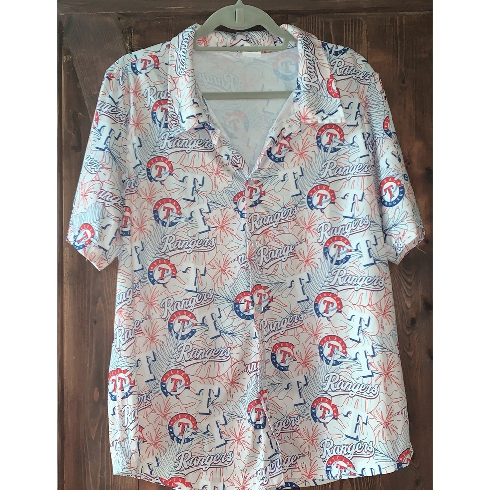 Texas‎ Rangers Button Up Hawaiian Shirt Men's M Stadium MLB Red White Blue EUC
